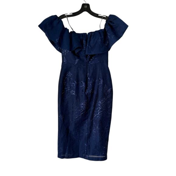 NWOT ML Monique Lhuillier Off-the-Shoulder Ruffle Trim Navy dress - Sz 6 - Picture 7 of 9